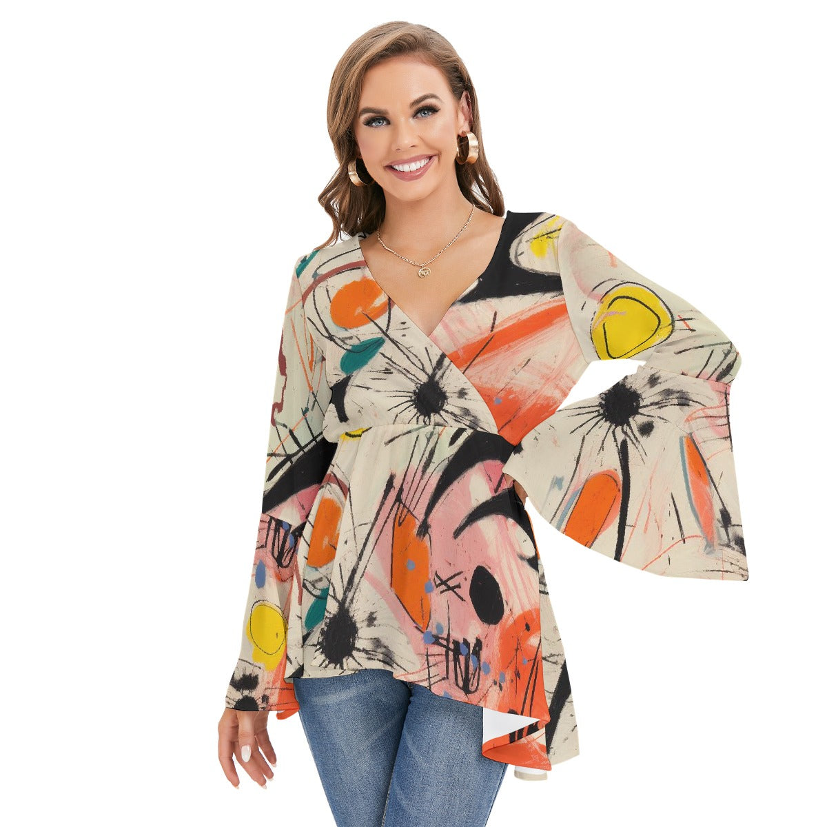 All-Over Print Women's V-neck Blouse With Flared Sleeves
