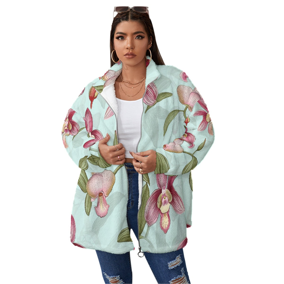 All-Over Print Unisex Borg Fleece Stand-up Collar Coat With Zipper Closure(Plus Size)