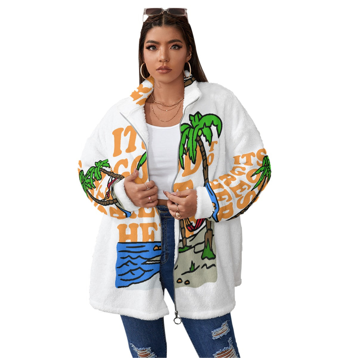 All-Over Print Unisex Borg Fleece Stand-up Collar Coat With Zipper Closure(Plus Size)