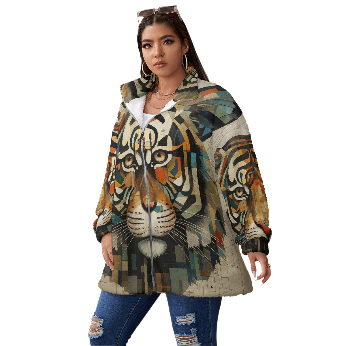 All-Over Print Unisex Borg Fleece Stand-up Collar Coat With Zipper Closure(Plus Size)