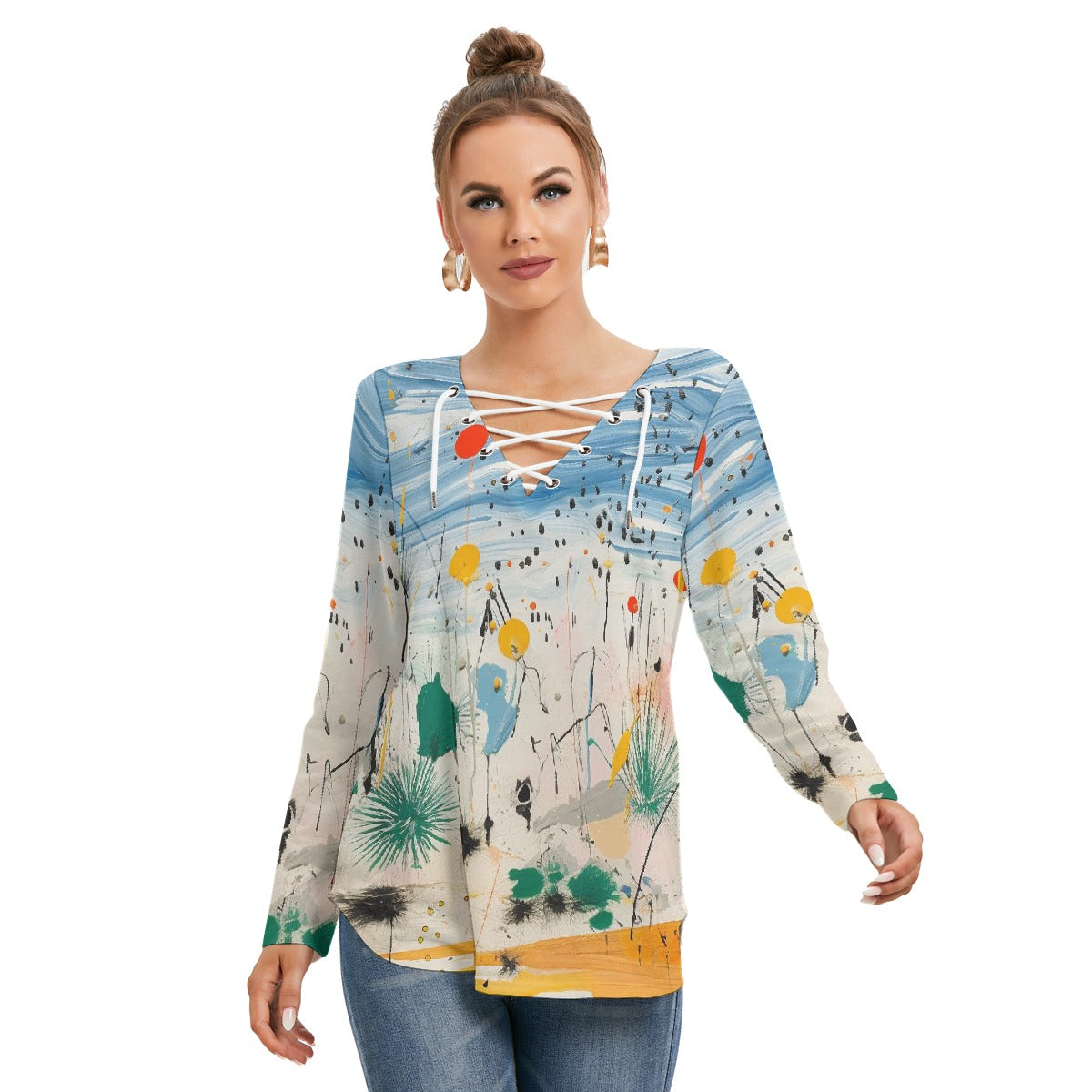 All-Over Print Women's Long Sleeve Neckline Tie Sweatshirt