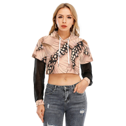 All-Over Print Women's Fake Two-piece Mesh Sleeve Cropped Hoodie