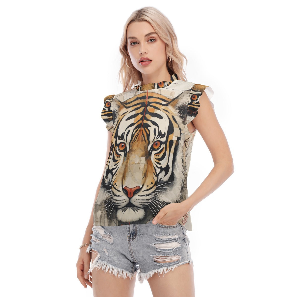 All-Over Print Women's Blouse With Ruffle Collar And Sleeve