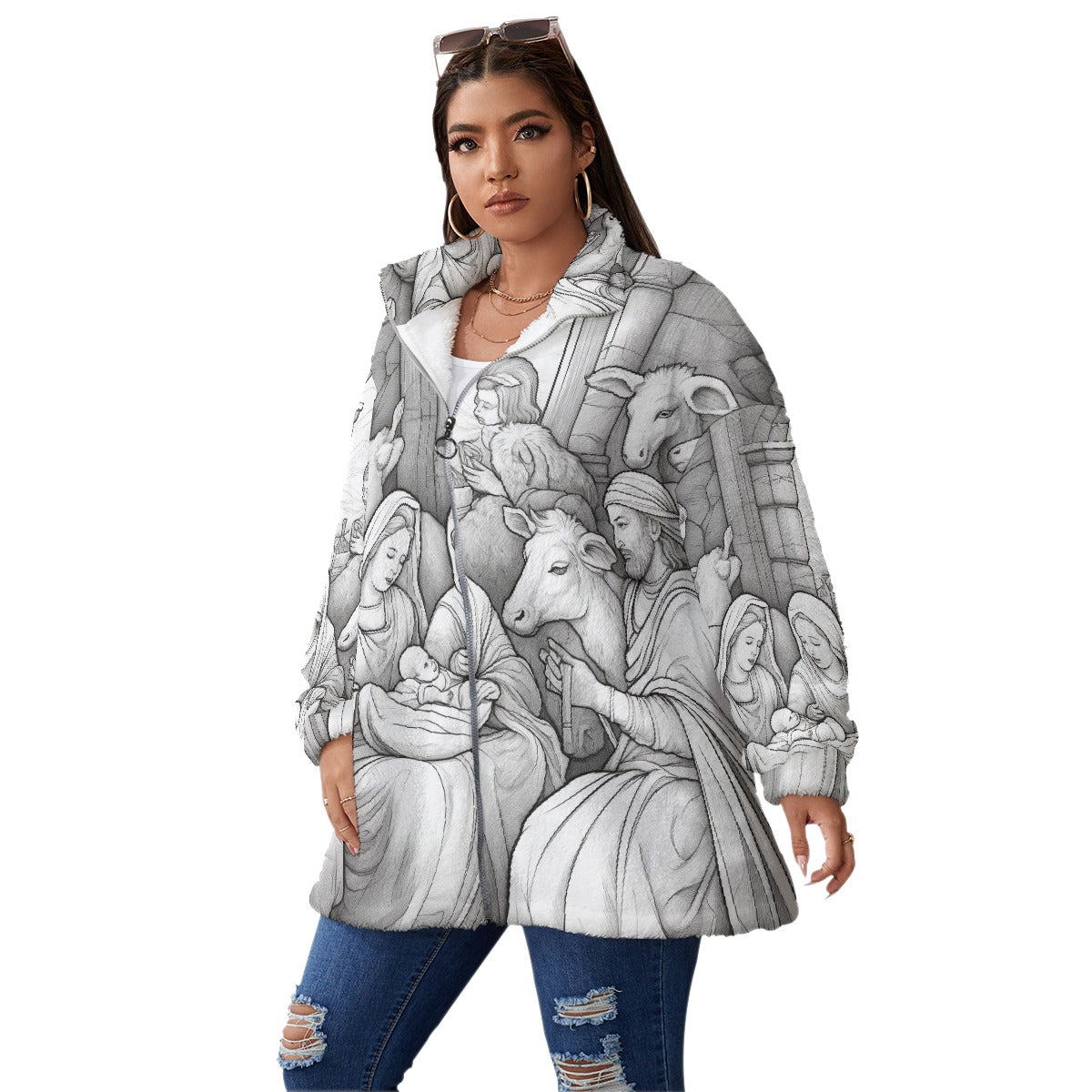 All-Over Print Unisex Borg Fleece Stand-up Collar Coat With Zipper Closure(Plus Size)