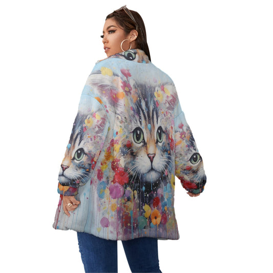All-Over Print Unisex Borg Fleece Stand-up Collar Coat With Zipper Closure(Plus Size)