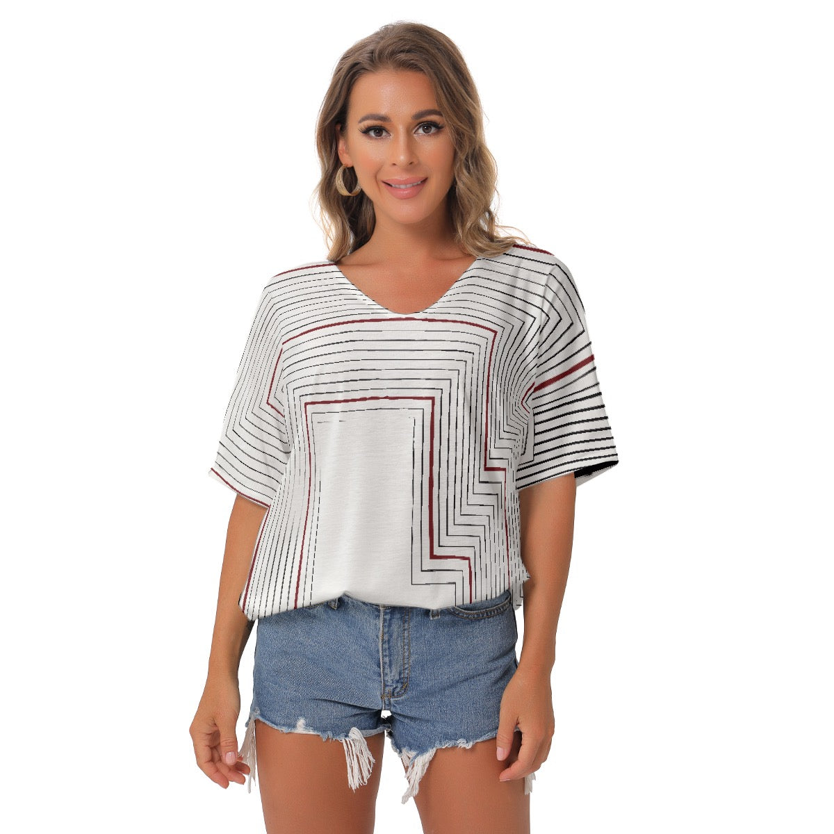 All-Over Print Women's Bat Sleeves V-Neck Blouse