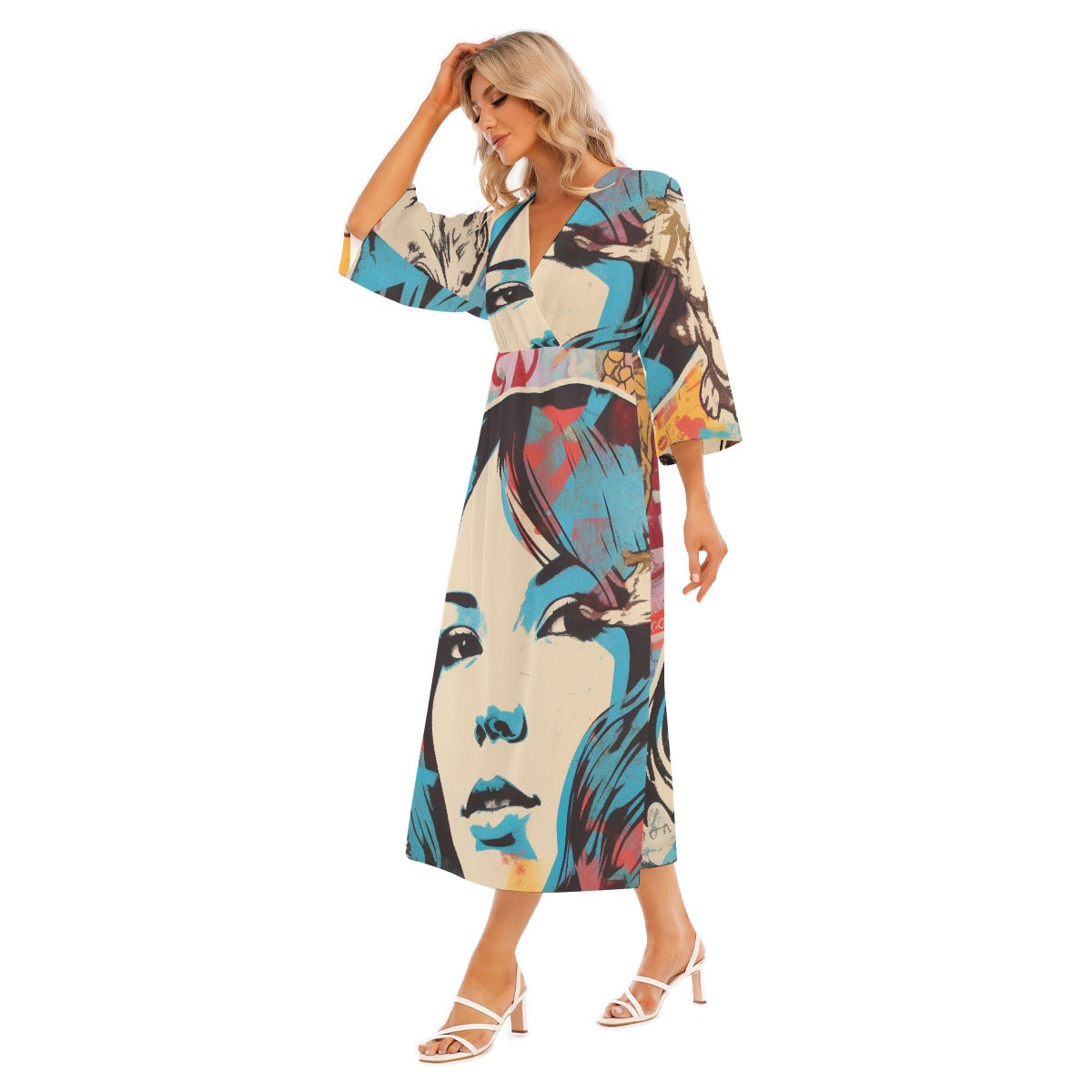 All-Over Print Women's Mid-Sleeve Long Dress