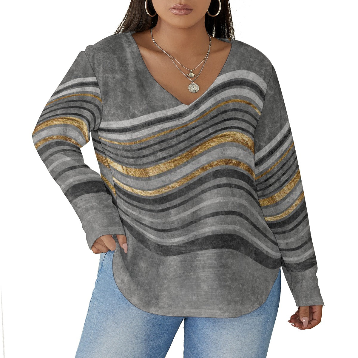 All-Over Print Women's V-neck T-shirt With Curved Hem(Plus Size)