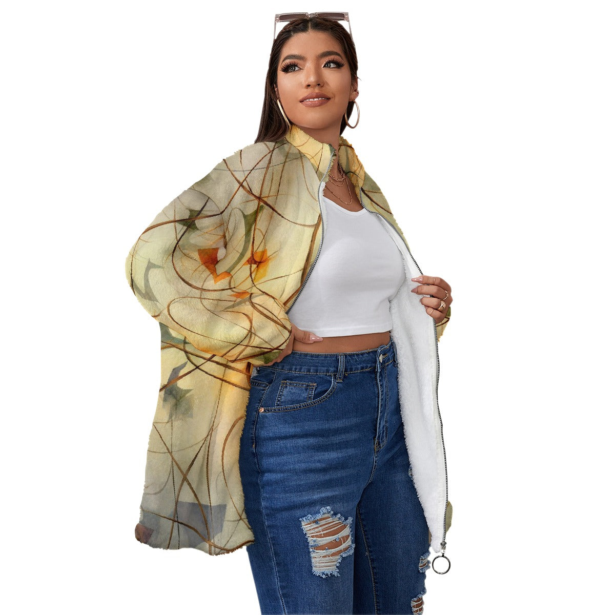 All-Over Print Unisex Borg Fleece Stand-up Collar Coat With Zipper Closure(Plus Size)