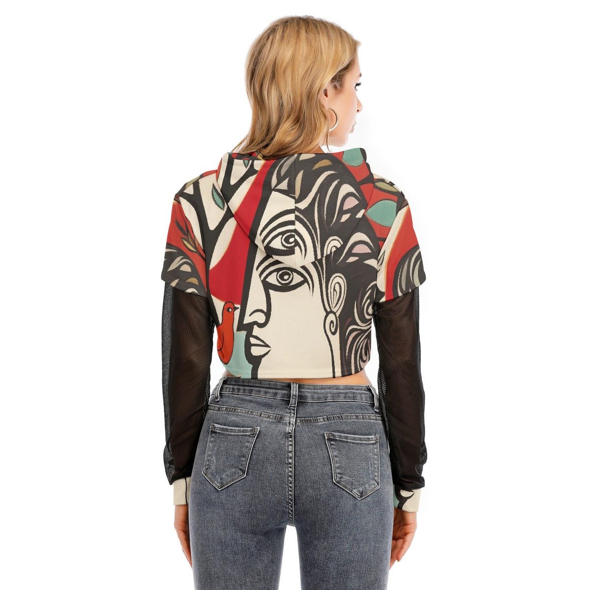 All-Over Print Women's Fake Two-piece Mesh Sleeve Cropped Hoodie