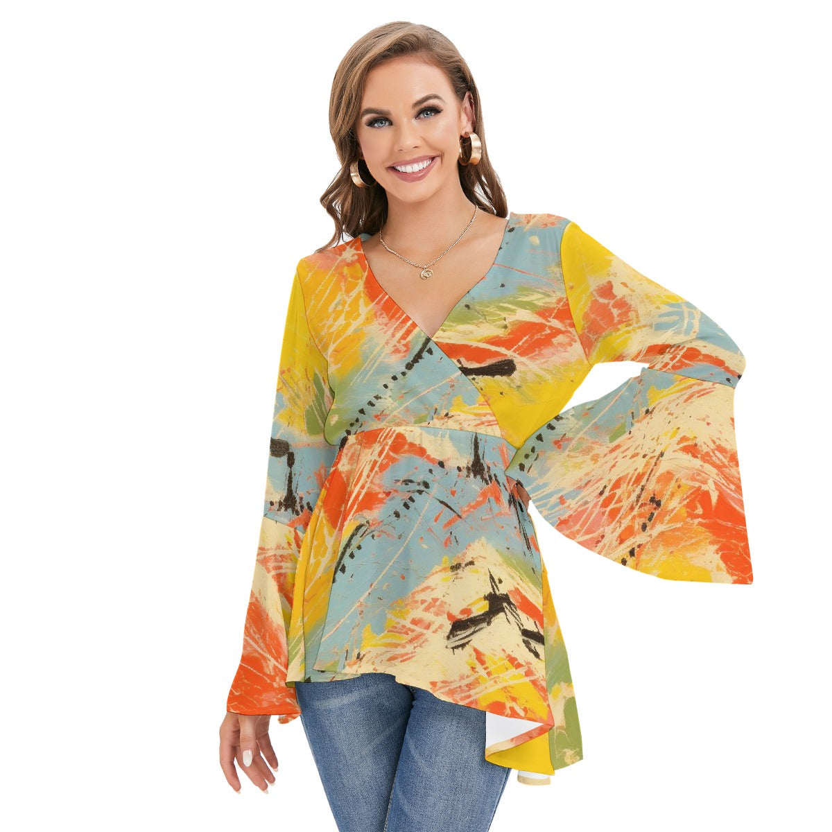 All-Over Print Women's V-neck Blouse With Flared Sleeves