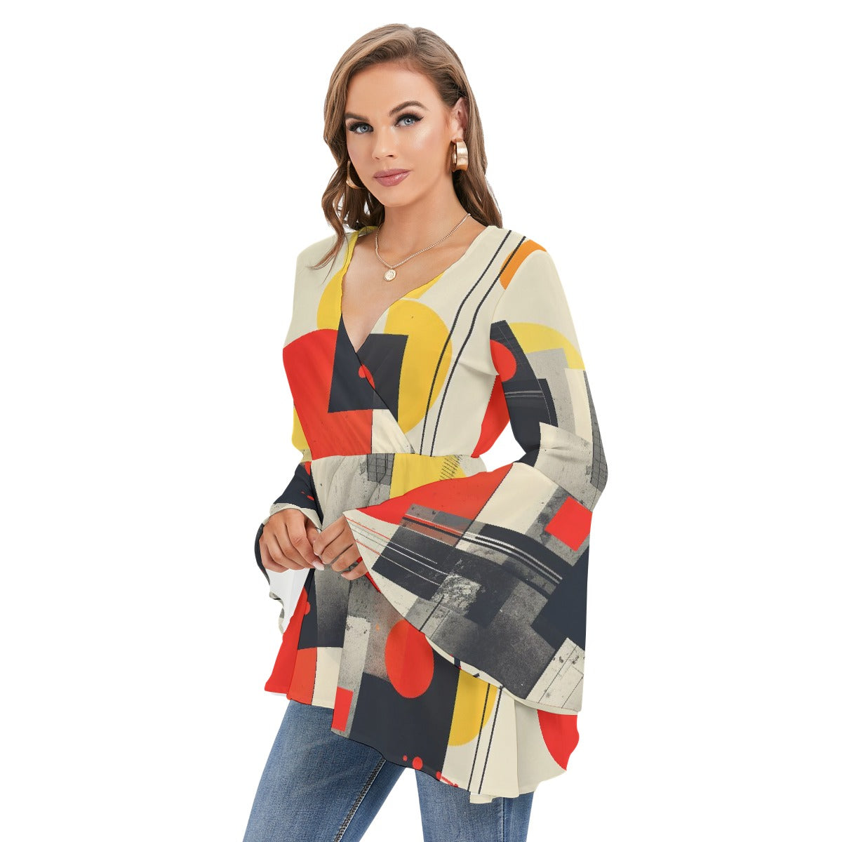 All-Over Print Women's V-neck Blouse With Flared Sleeves