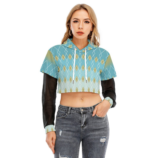All-Over Print Women's Fake Two-piece Mesh Sleeve Cropped Hoodie