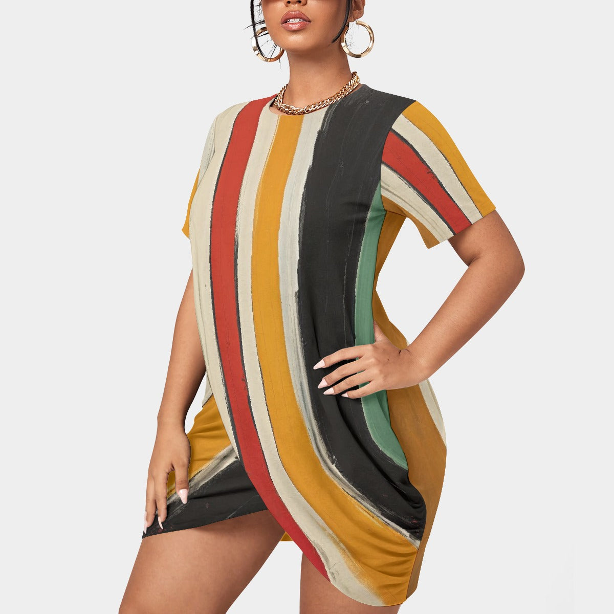 All-Over Print Women’s Stacked Hem Dress With Short Sleeve（Plus Size）