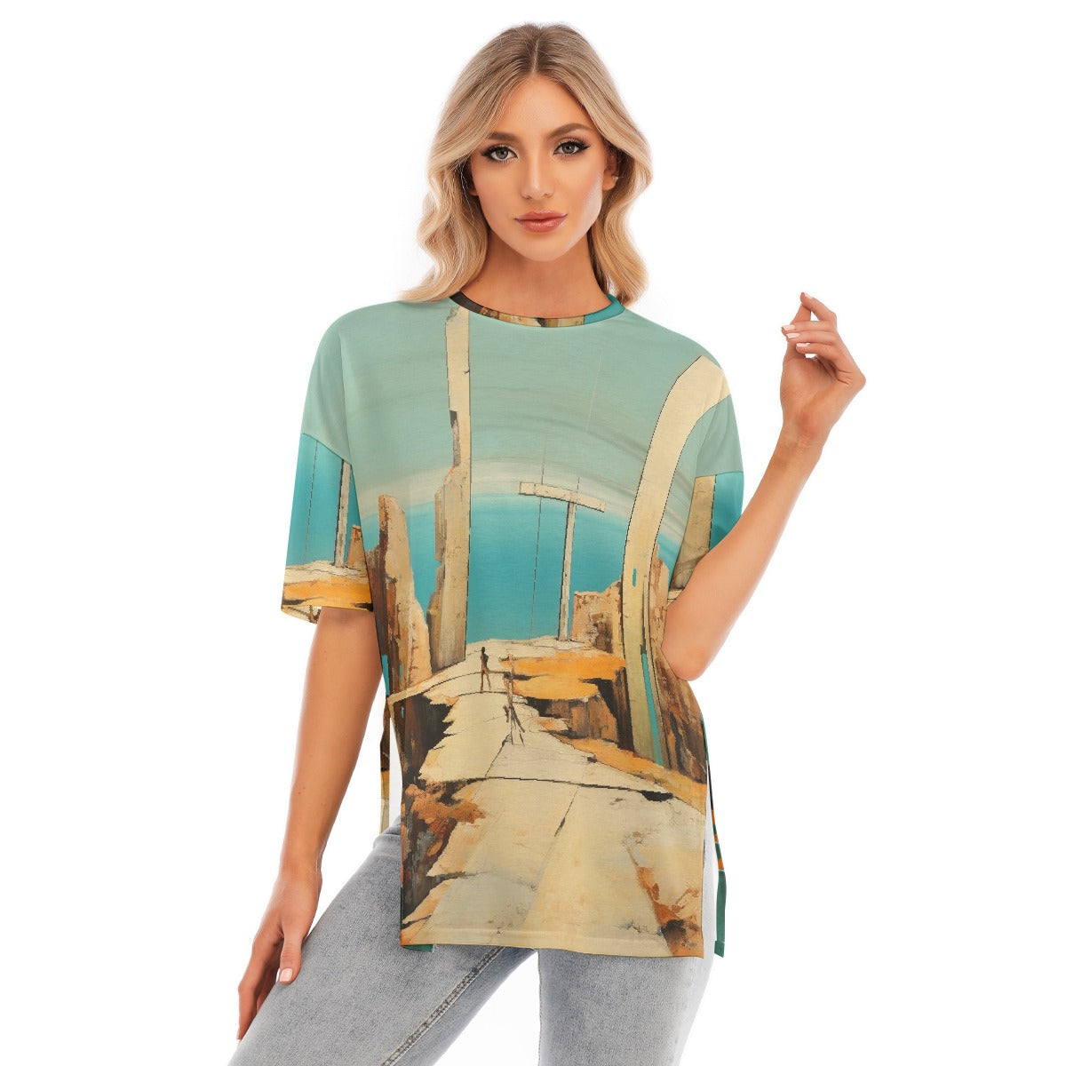 All-Over Print Women's Short Sleeves T-shirt With Hem Split