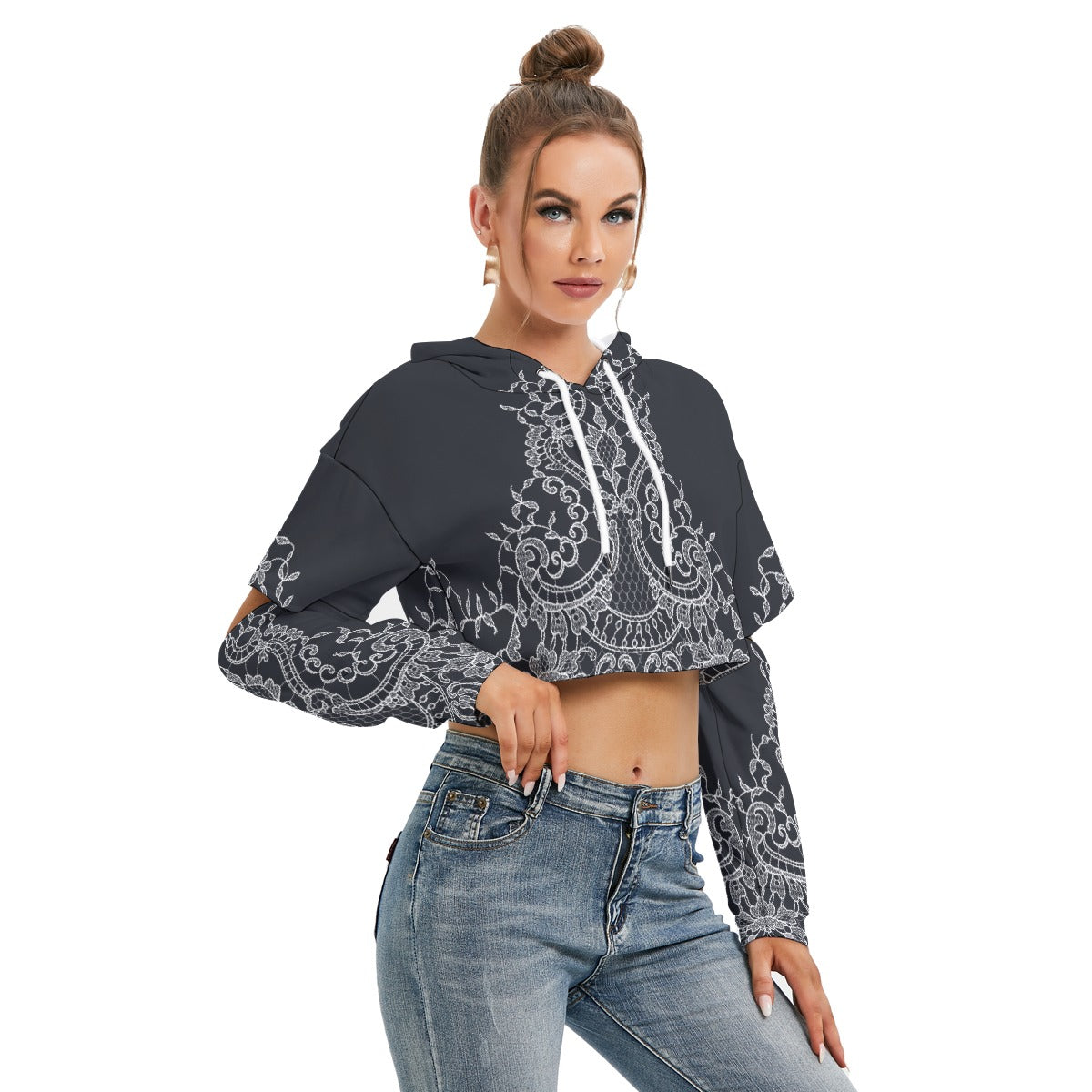 All-Over Print Women's Heavy Fleece Hoodie With Hollow Out Sleeve