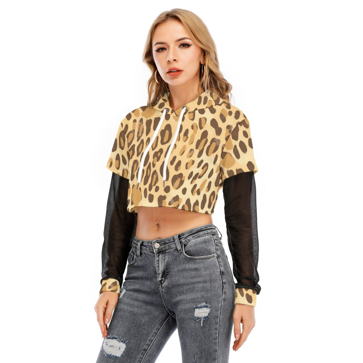 All-Over Print Women's Fake Two-piece Mesh Sleeve Cropped Hoodie