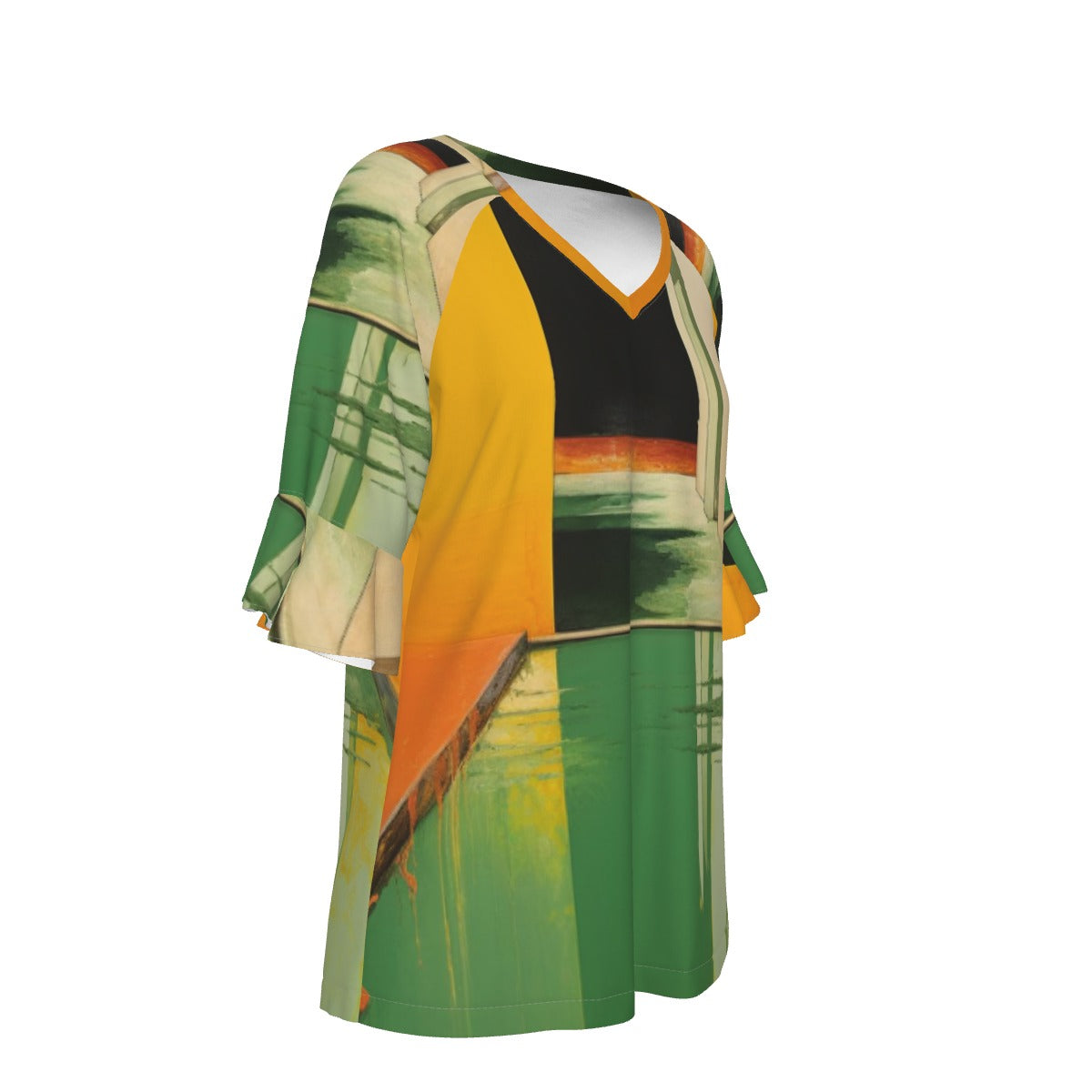 All-Over Print V-neck Women's T-shirt With Bell Sleeve