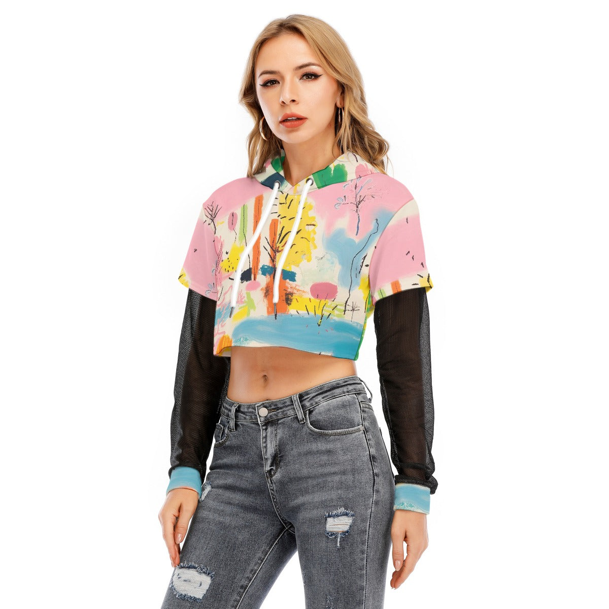 All-Over Print Women's Fake Two-piece Mesh Sleeve Cropped Hoodie