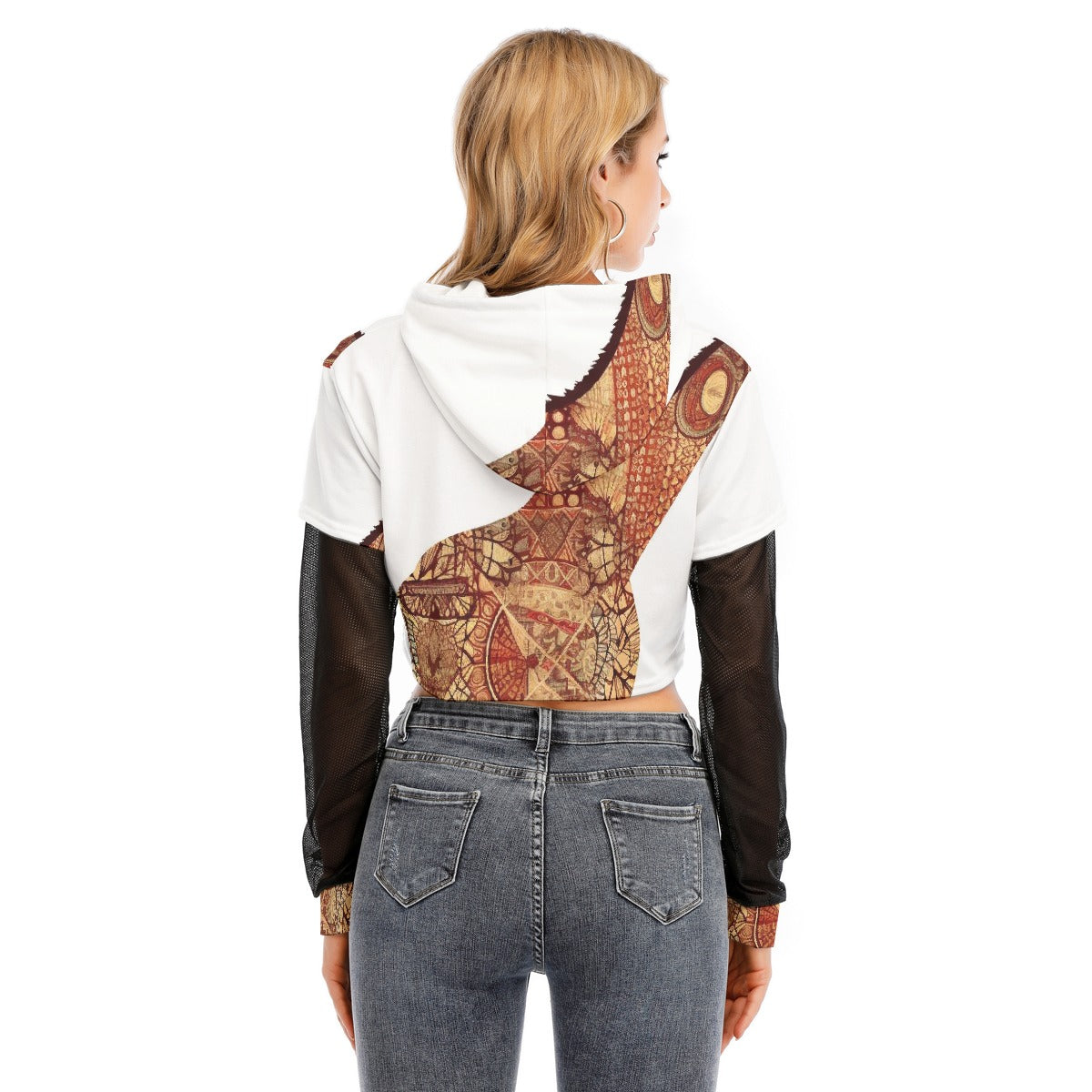 All-Over Print Women's Fake Two-piece Mesh Sleeve Cropped Hoodie