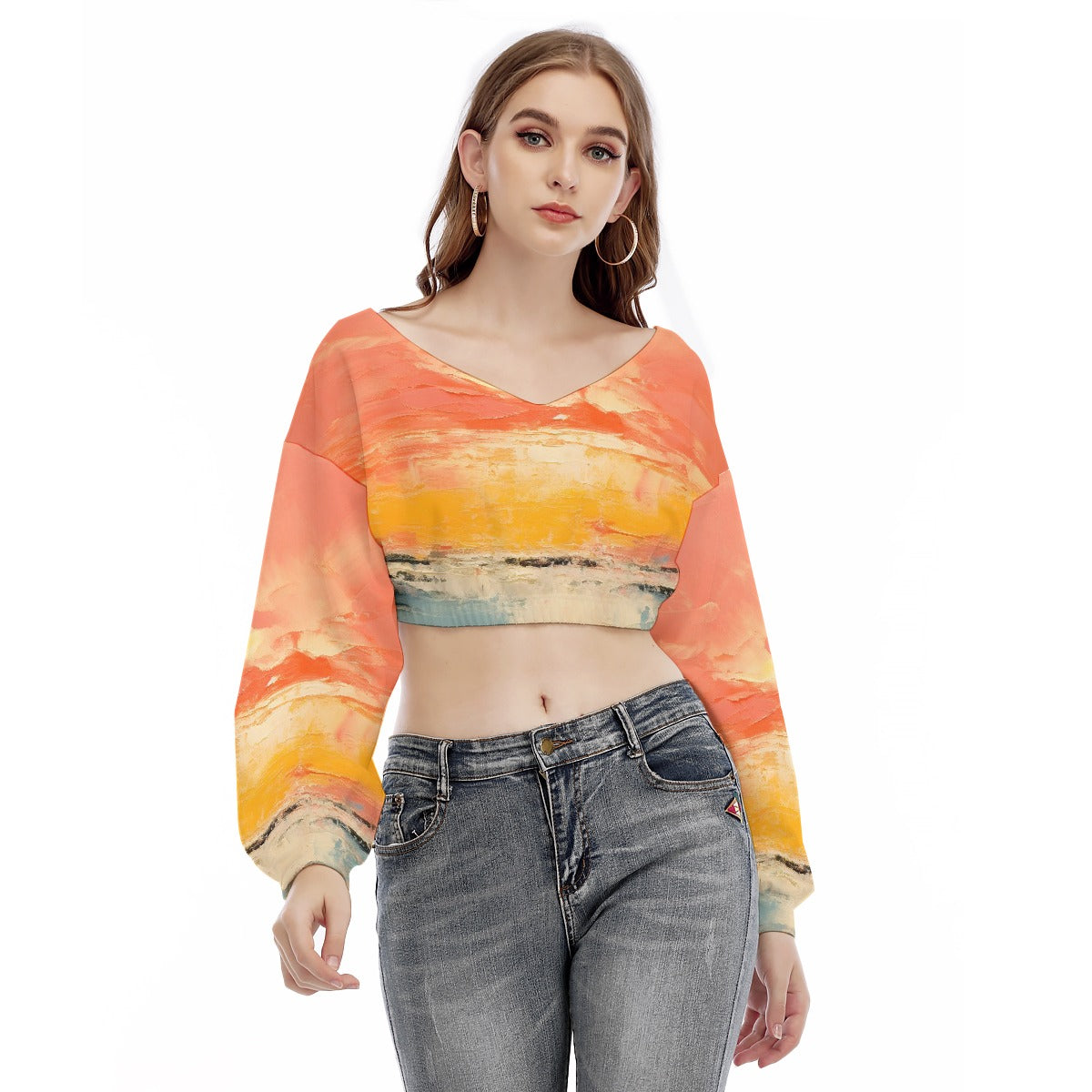 All-Over Print Women's V-neck Long Sleeve Cropped Sweatshirt