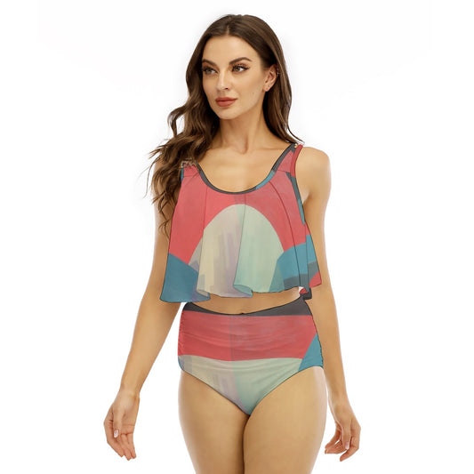 All-Over Print Women's Ruffled Vest Bikini Swimsuit