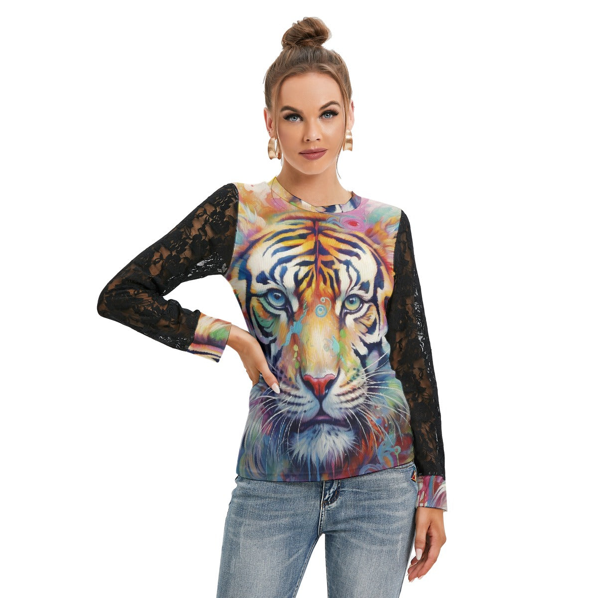 All-Over Print Women's T-shirt And Sleeve With Black Lace