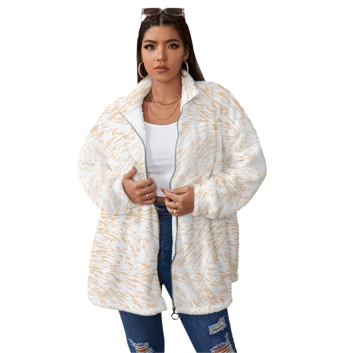 All-Over Print Unisex Borg Fleece Stand-up Collar Coat With Zipper Closure(Plus Size)