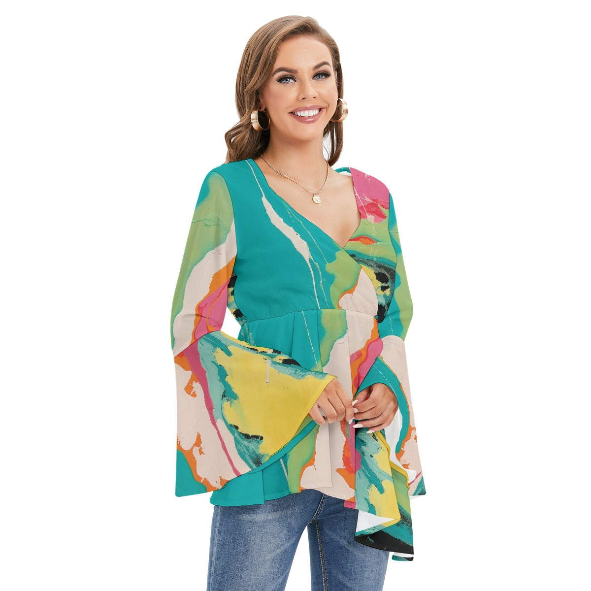 All-Over Print Women's V-neck Blouse With Flared Sleeves