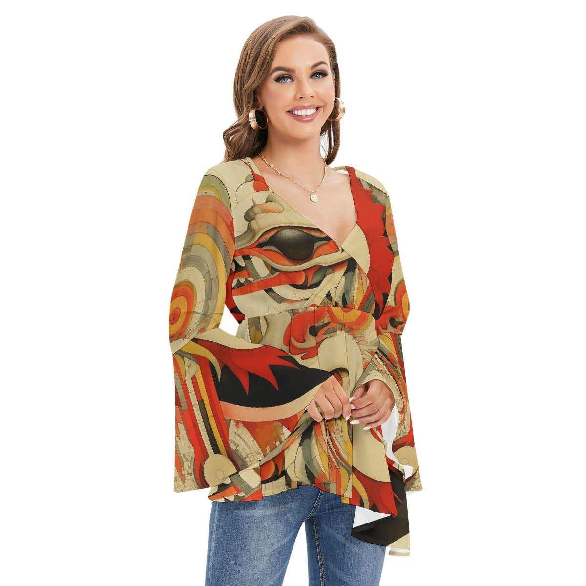 All-Over Print Women's V-neck Blouse With Flared Sleeves