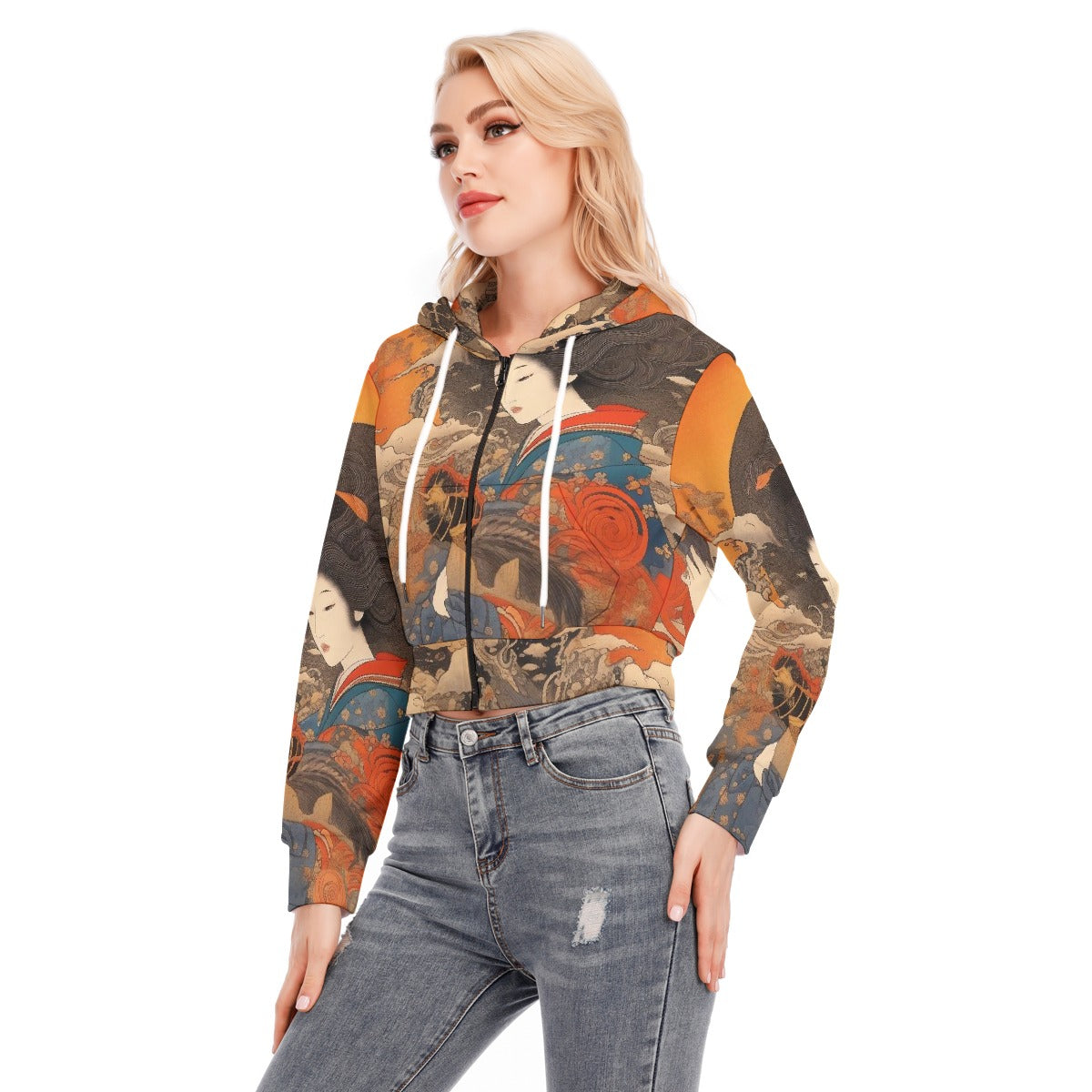 All-Over Print Women's Crop Top Hoodie With Zipper Closure