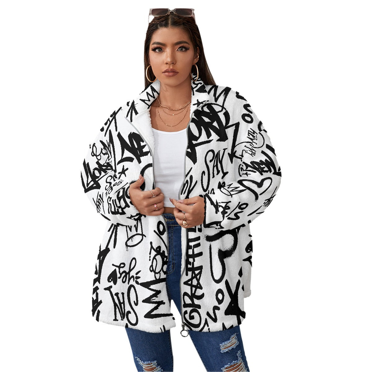 All-Over Print Unisex Borg Fleece Stand-up Collar Coat With Zipper Closure(Plus Size)