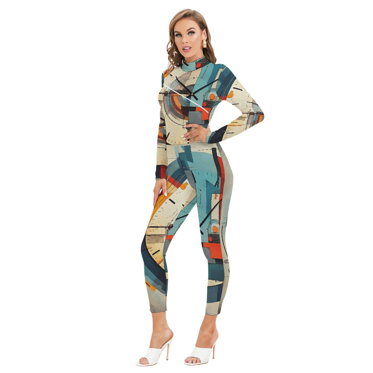 All-Over Print Women's Long-sleeved High-neck Jumpsuit With Zipper