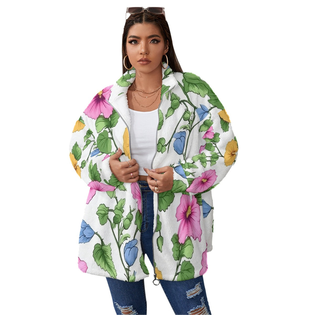 All-Over Print Unisex Borg Fleece Stand-up Collar Coat With Zipper Closure(Plus Size)