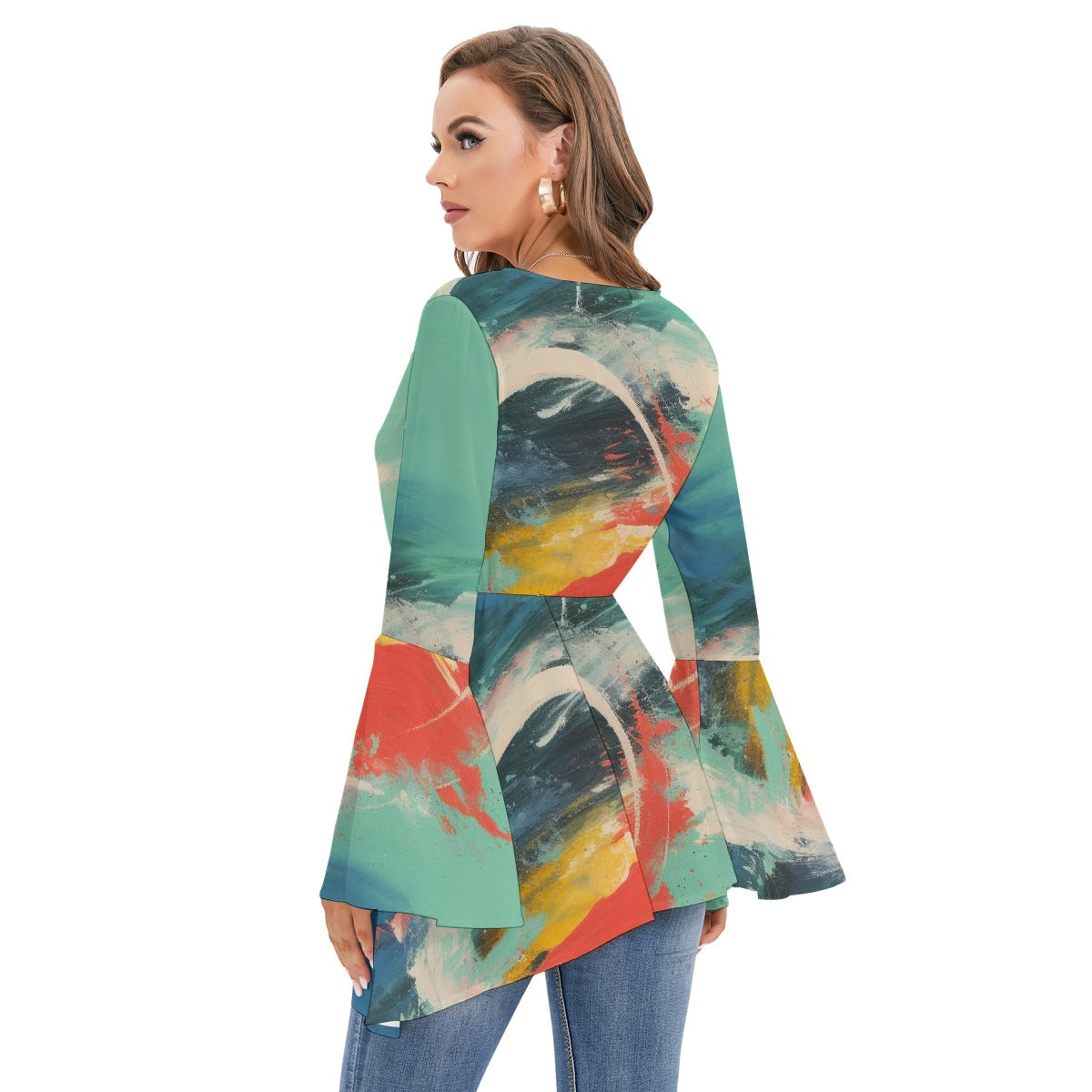 All-Over Print Women's V-neck Blouse With Flared Sleeves