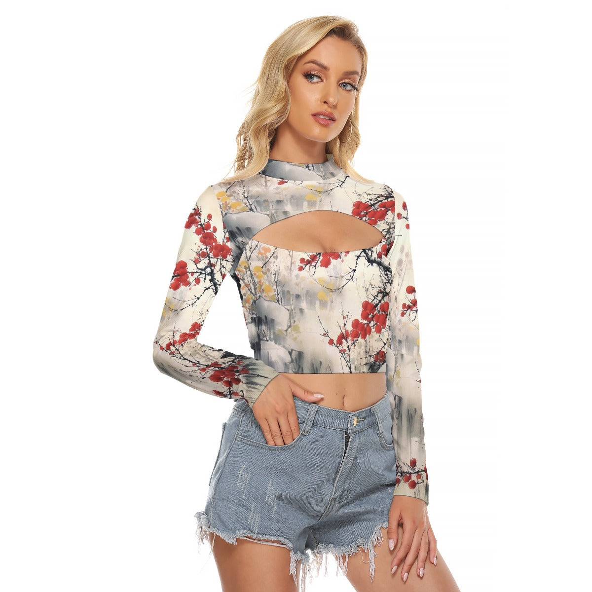 All-Over Print Women's Hollow Chest Keyhole Tight Crop Top