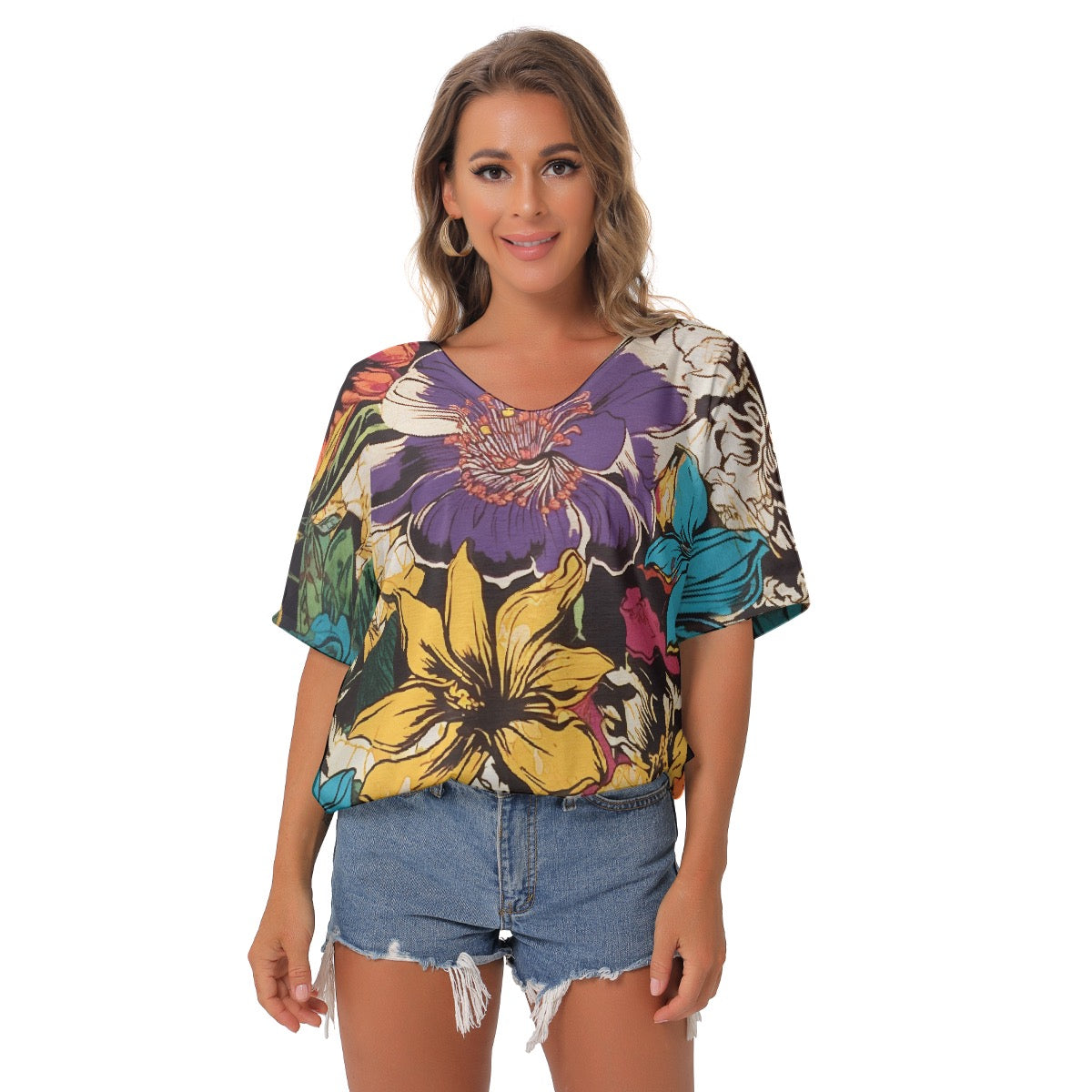 All-Over Print Women's Bat Sleeves V-Neck Blouse