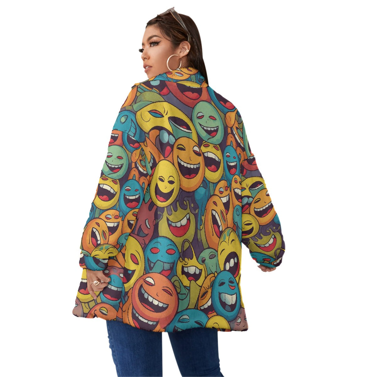 All-Over Print Unisex Borg Fleece Stand-up Collar Coat With Zipper Closure(Plus Size)