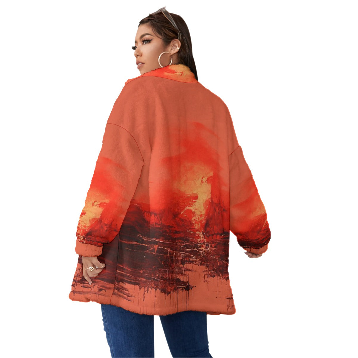 All-Over Print Unisex Borg Fleece Stand-up Collar Coat With Zipper Closure(Plus Size)