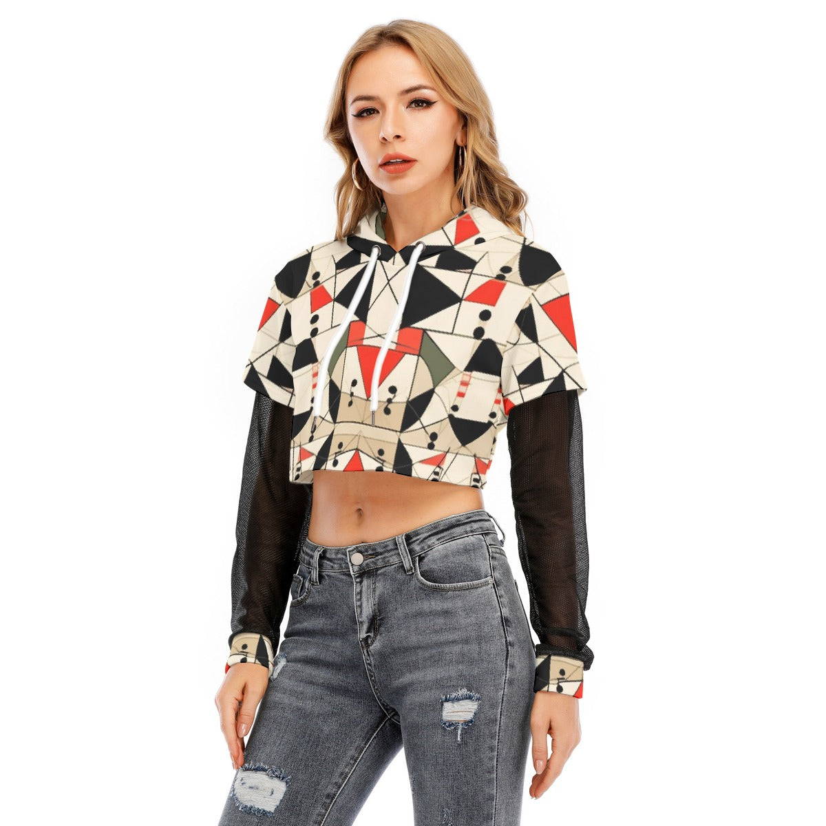 All-Over Print Women's Fake Two-piece Mesh Sleeve Cropped Hoodie
