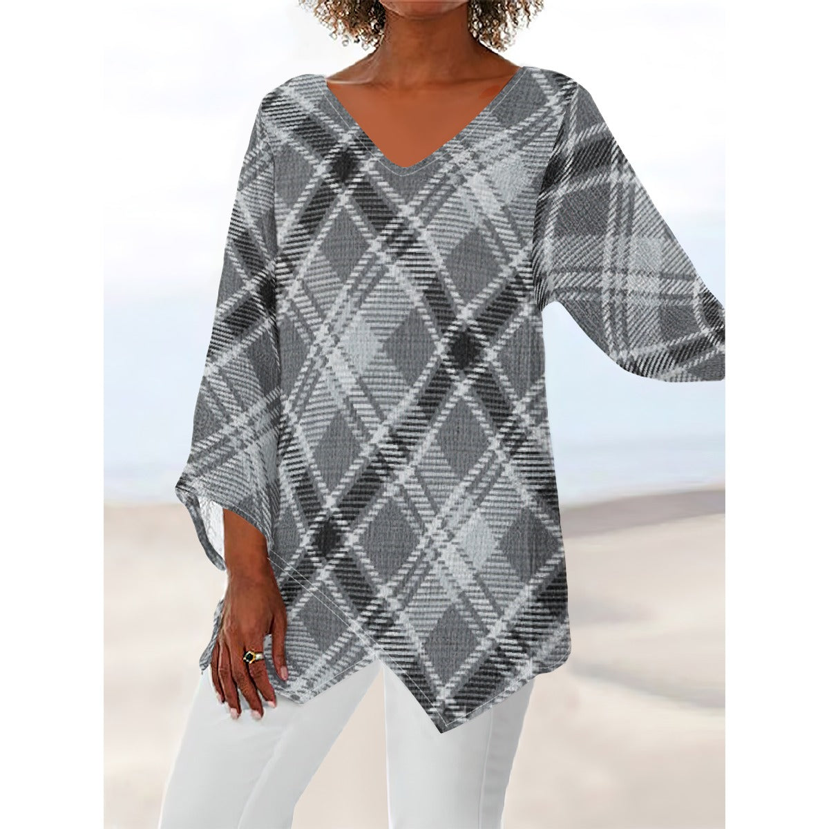 All-Over Print Women's V-neck T-shirt With Irregular Hem