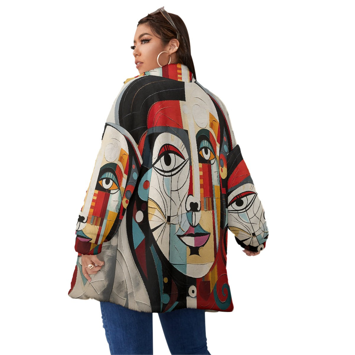 All-Over Print Unisex Borg Fleece Stand-up Collar Coat With Zipper Closure(Plus Size)