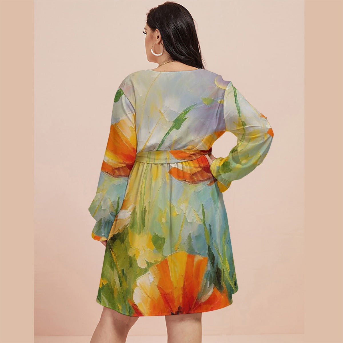 All-Over Print Women's V-neck Dress With Waistband(Plus Size)