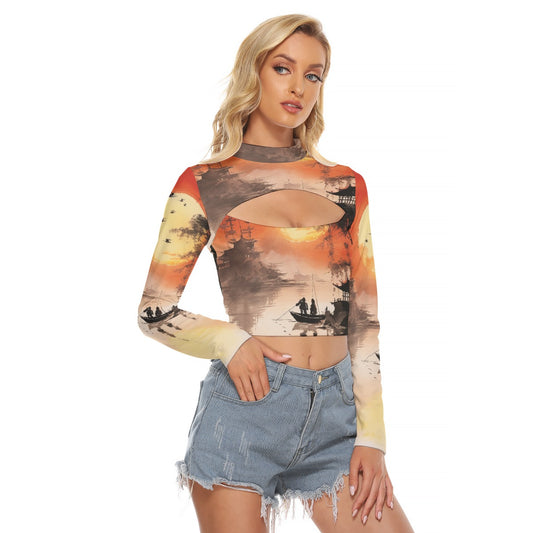 All-Over Print Women's Hollow Chest Keyhole Tight Crop Top