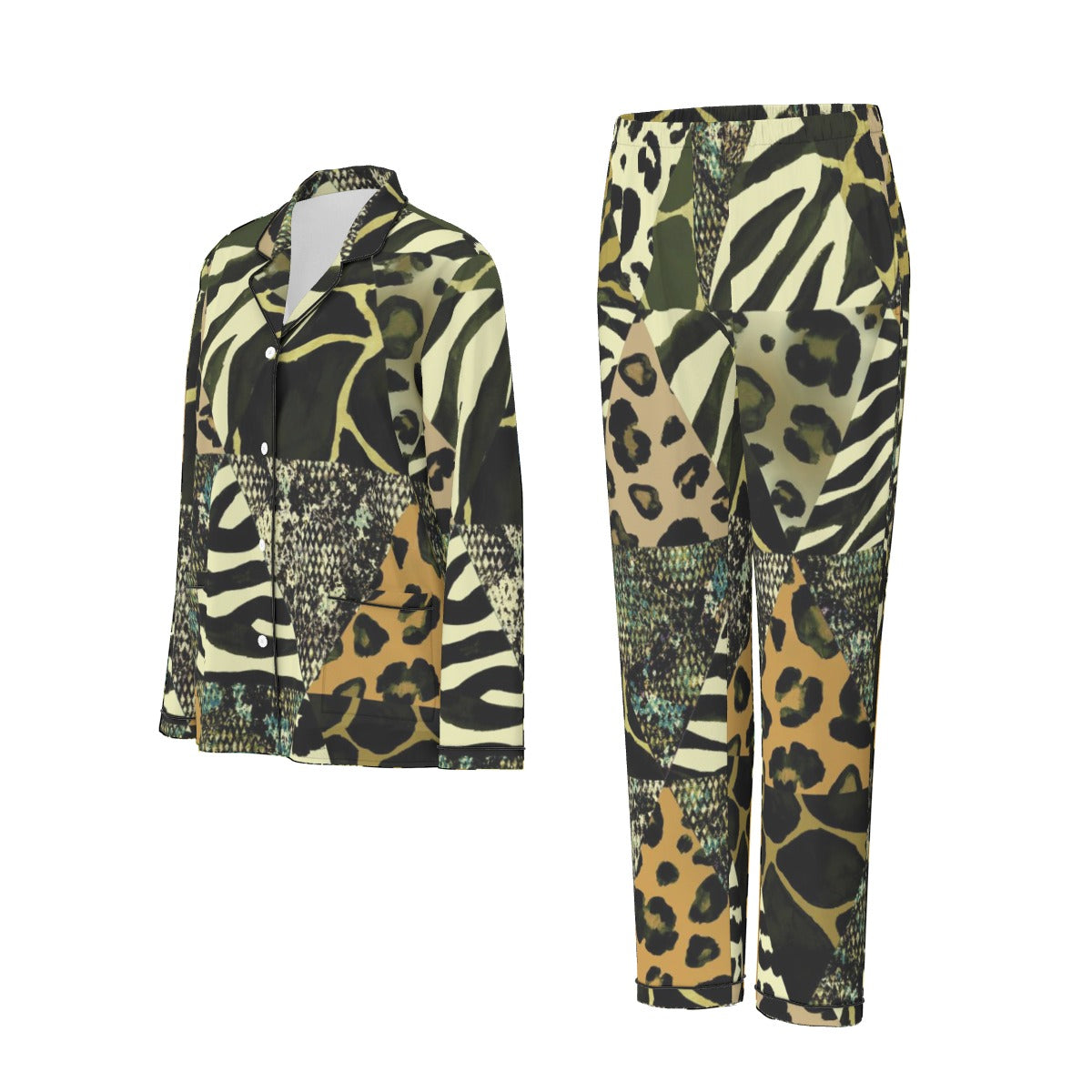 All-Over Print Women's Long Sleeve Pajama Set With Black Contrast Piping