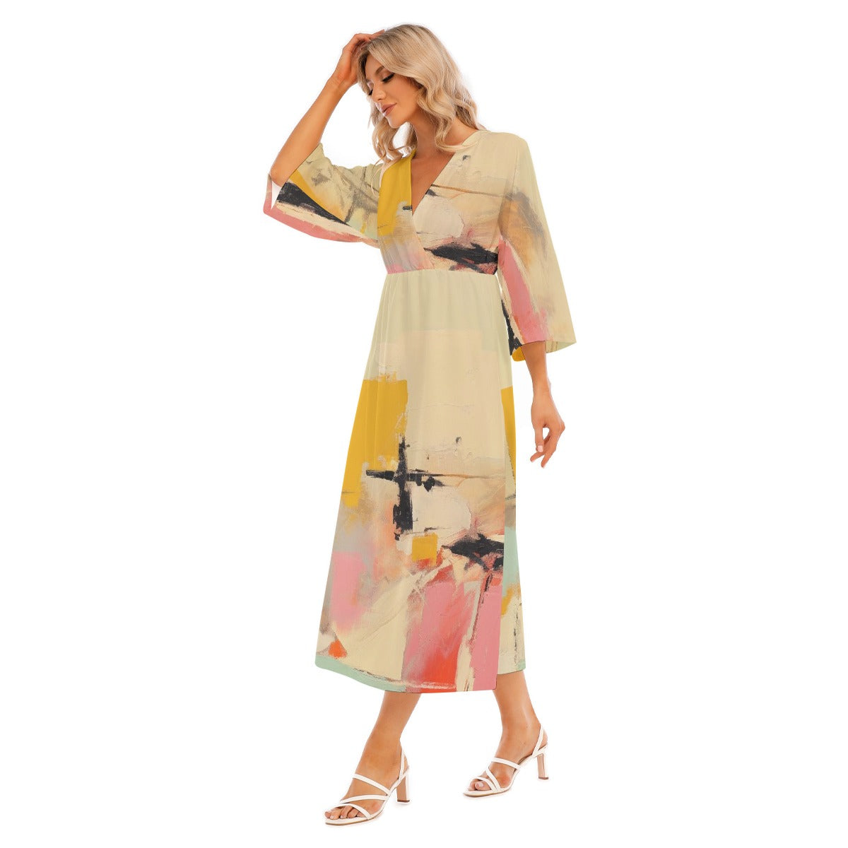 All-Over Print Women's Mid-Sleeve Long Dress