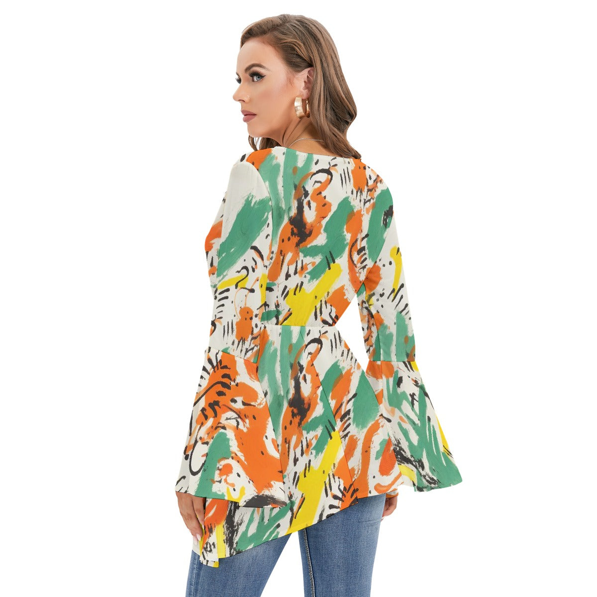 All-Over Print Women's V-neck Blouse With Flared Sleeves