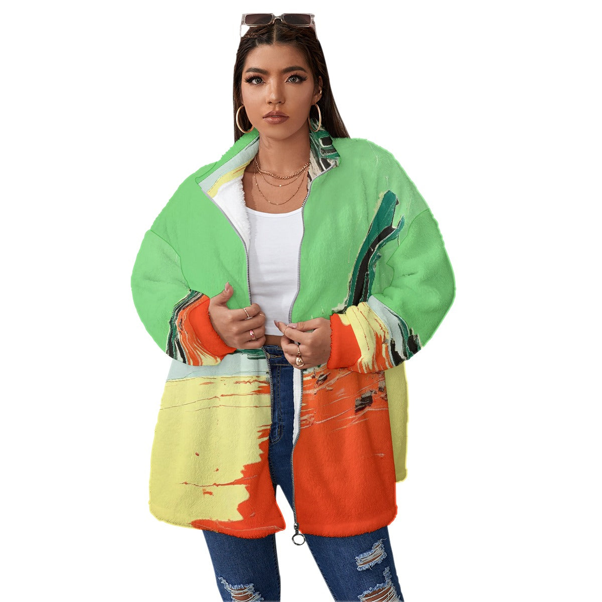 All-Over Print Unisex Borg Fleece Stand-up Collar Coat With Zipper Closure(Plus Size)