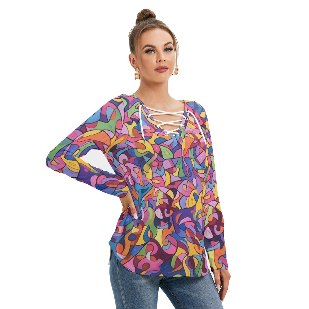 All-Over Print Women's Long Sleeve Neckline Tie Sweatshirt