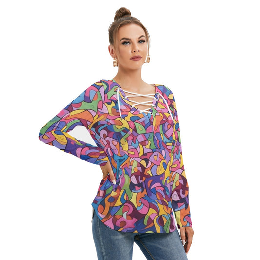 All-Over Print Women's Long Sleeve Neckline Tie Sweatshirt